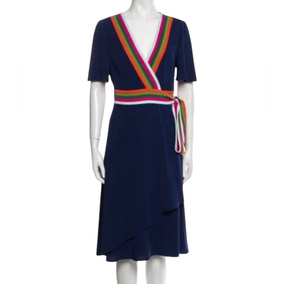Tory Burch Peggy Wrap Dress Short Sleeve Navy Blue Stretch V-neck Womens Size 0 - Picture 16 of 16